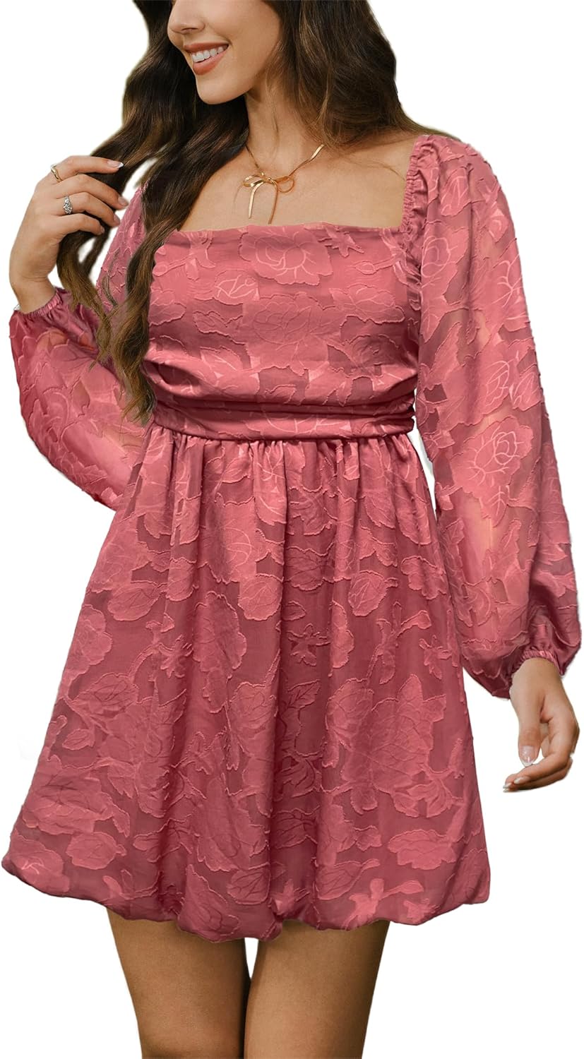 HYPERFIRE Women's Floral Square Neck Bubble Mini Dress Long Sleeve Smocked Pleated A Line Formal Short Dresses Wedding Guest
