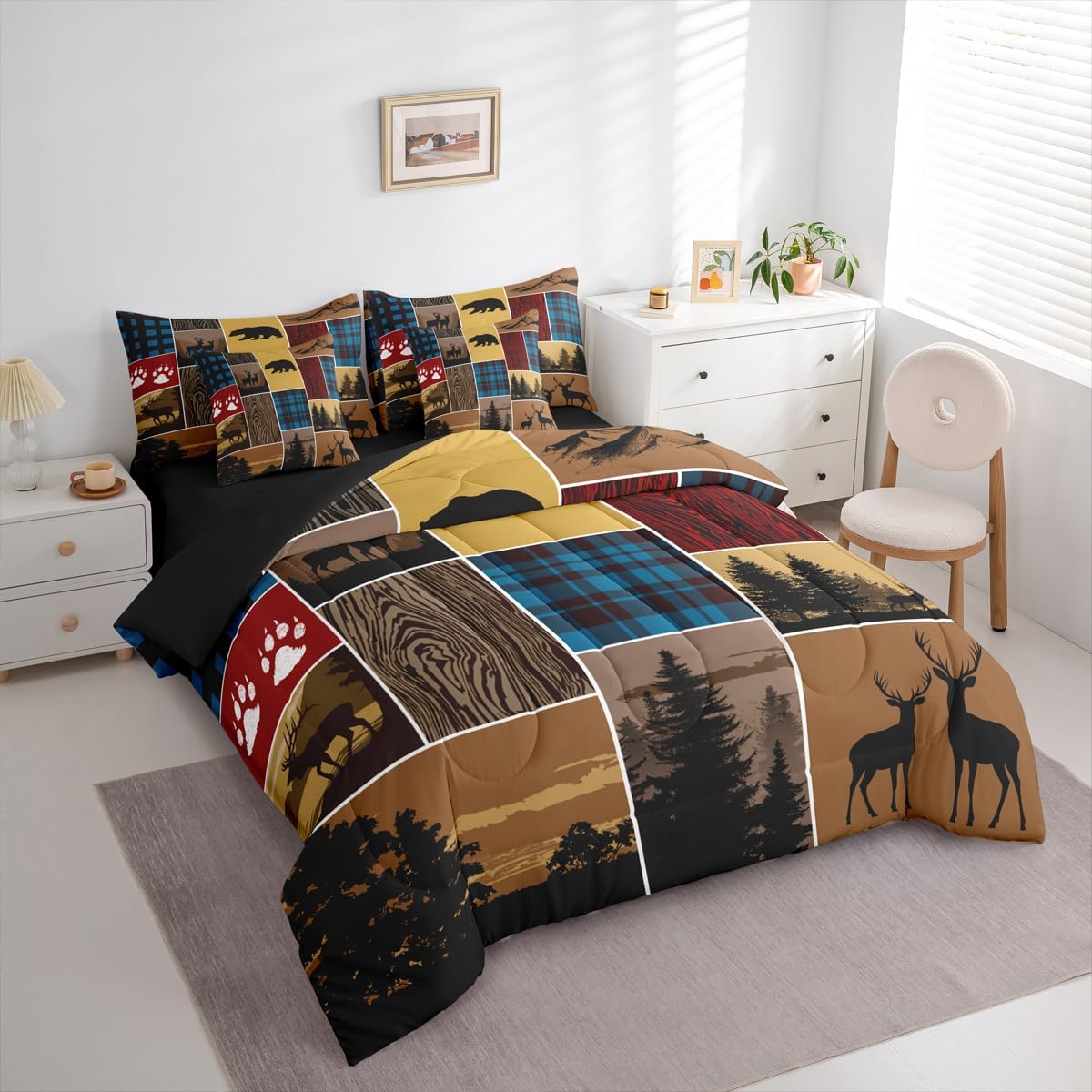 Erosebridal Bear Bed in A Bag Twin 7 Pieces, 1 Deer Moose Comforter + 1 Rustic Farmhouse Fitted Sheet + 1 Claw Wildlife Flat Sheet + 2 Vintage Country Pillow Cases + 2 Adventure Throw Pillow Covers