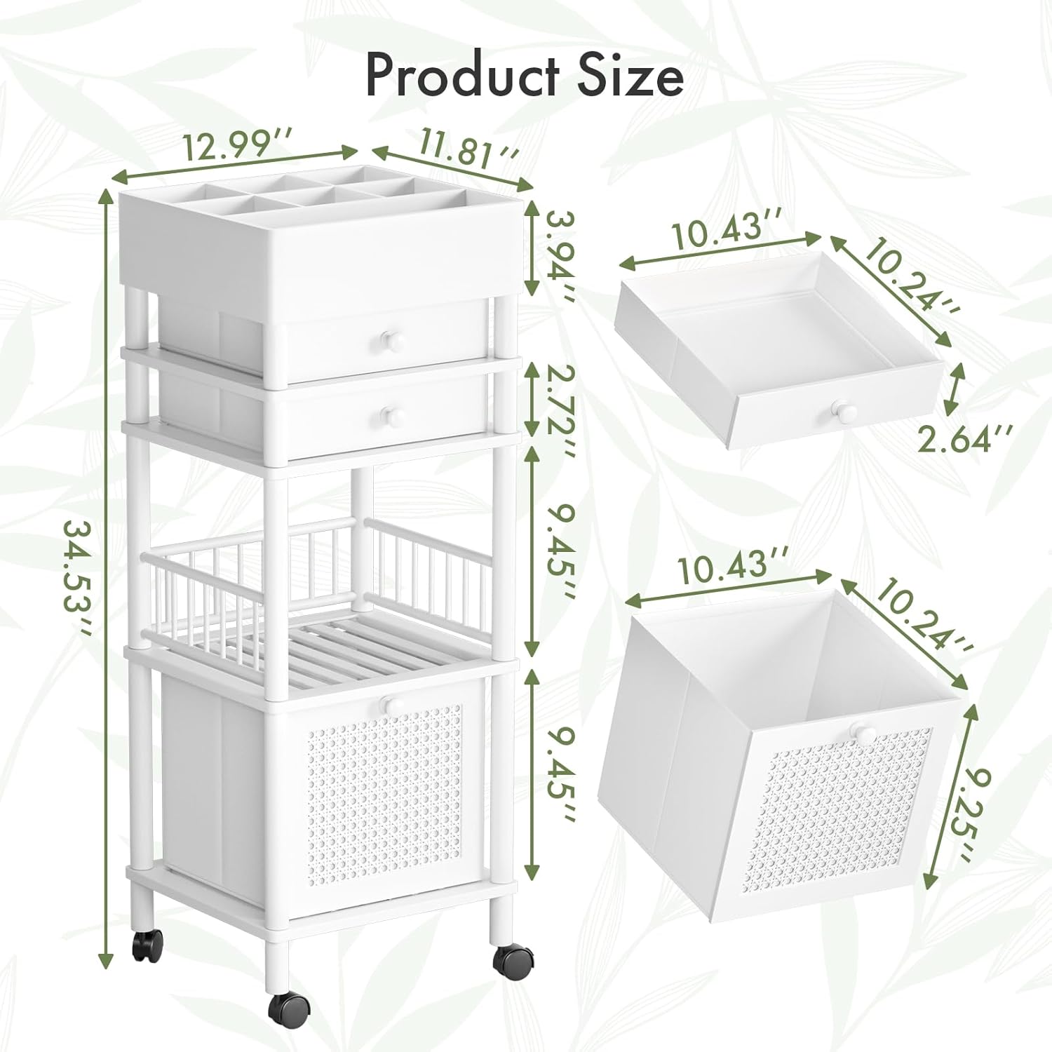 Amazer Bamboo Makeup Organizer Cart with 3 Drawers, Floor Skin Care Storage for Bathroom Bedroom, Rolling Vanity Organizer Cart for Cosmetic, Nail Polish, Perfume and Hair Tools, White