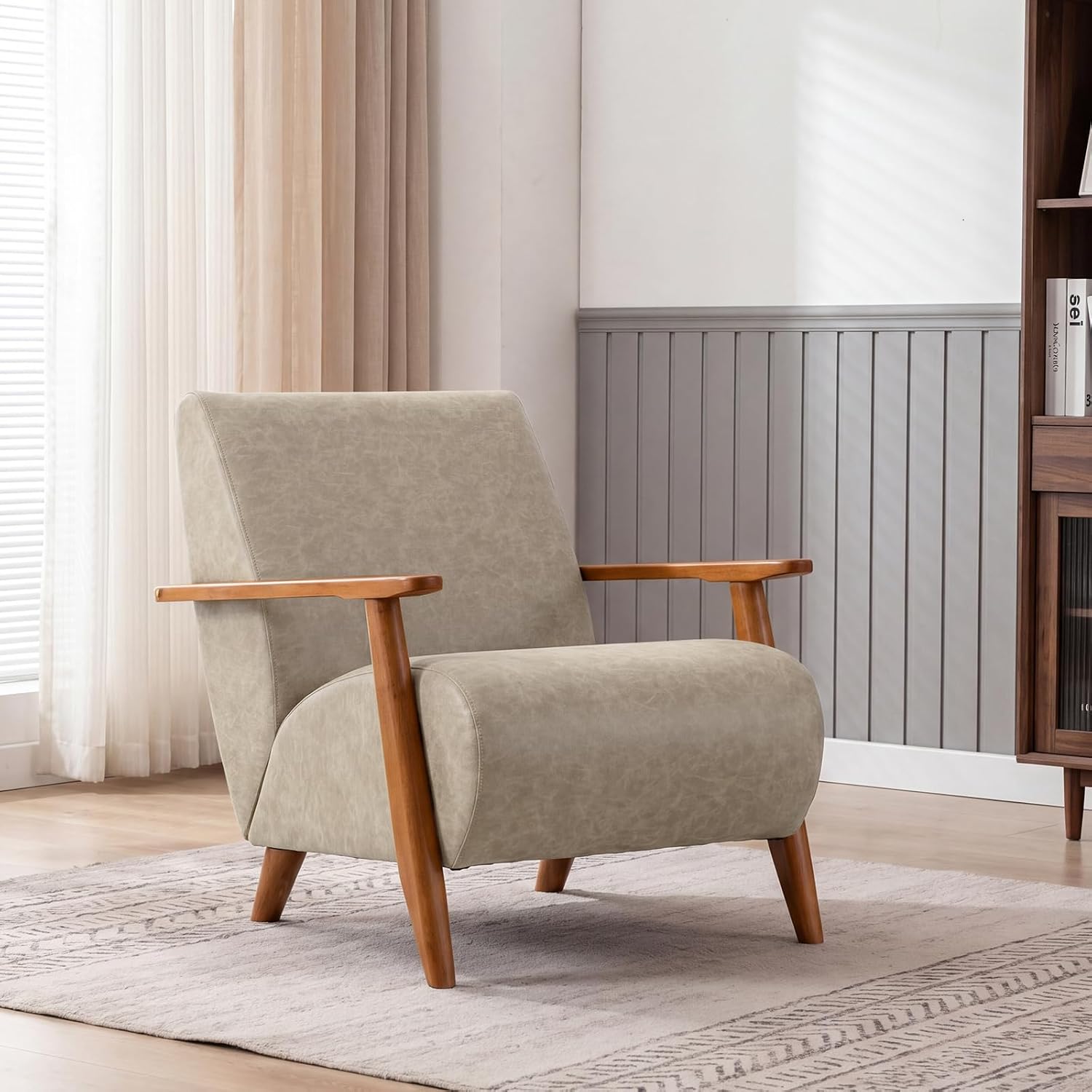 Home Accent Chair Mid Century Modern Accent Chair with Wood Frame, Faux Leather Upholstered Armchair, Reading Chair, for Living Room, Bedroom,Office,Comfy Guest Waiting Room Chairs Beige