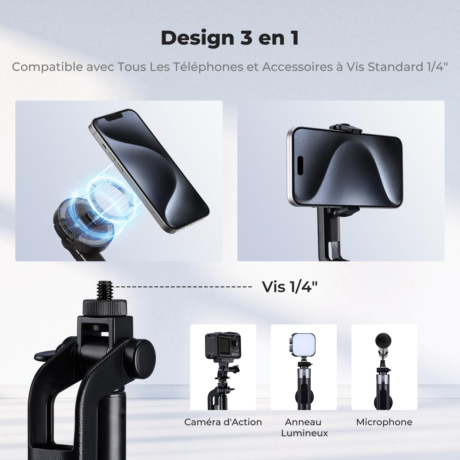 K&F CONCEPT TF08 180cm Trépied Selfie Stick iPhone Compatible avec DJI OSMO Pocket 3/4, Clip 3 en 1 Trépied Téléphone Magnétique & Vis 1/4", Trépied MagSafe Compatible avec iPhone 17/16/15,Insta360 X5