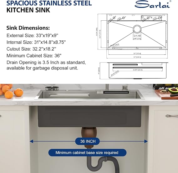 Sarlai Waterfall Kitchen Sink - 33 Inch Drop in Workstation Sink with Waterfall Stainless Steel 16 Gauge Multifunction Single Bowl Smart Top Mount Kitchen Sinks with Mechanical Keys 33x19x9 Inch