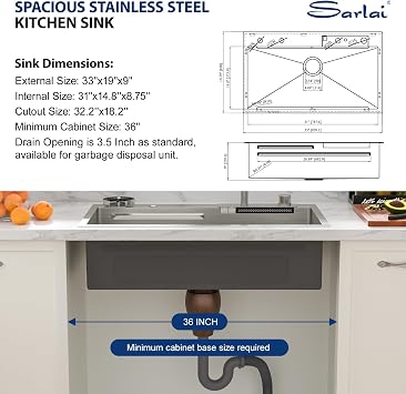 Sarlai Waterfall Kitchen Sink - 33 Inch Drop in Workstation Sink with Waterfall Stainless Steel 16 Gauge Multifunction Single Bowl Smart Top Mount Kitchen Sinks with Mechanical Keys 33x19x9 Inch