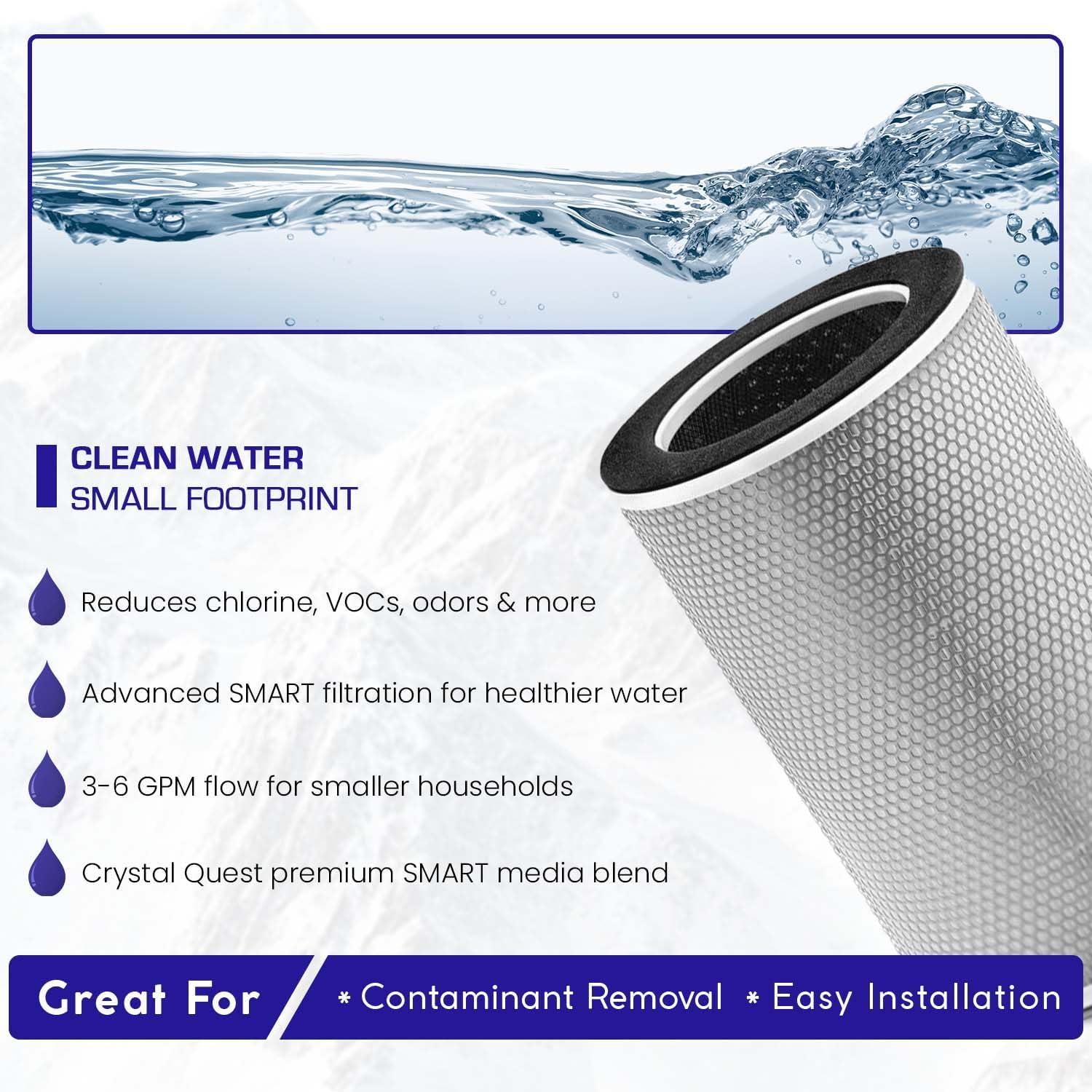 Crystal Quest Compact Whole House Water Filter, Smart Series (3-6 GPM | 1-2 People) - 1-1/2" - 1-1/2"