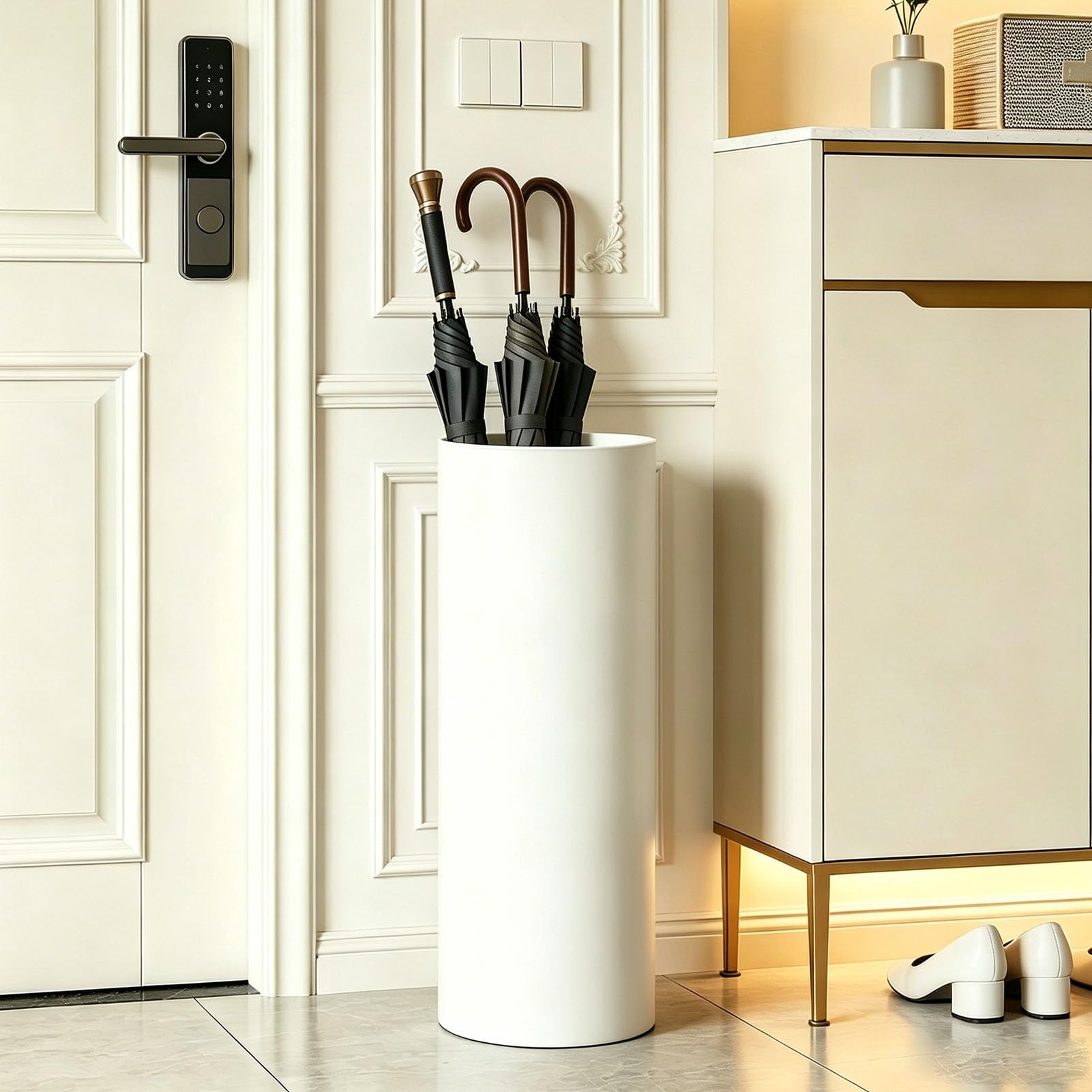 Hamankim Umbrella Stand for Entryway, Smooth White PVC Umbrella Storage Rack, Freestanding Cylindrical Umbrella Holder for Home Apartment Entryway Office Decor(White)
