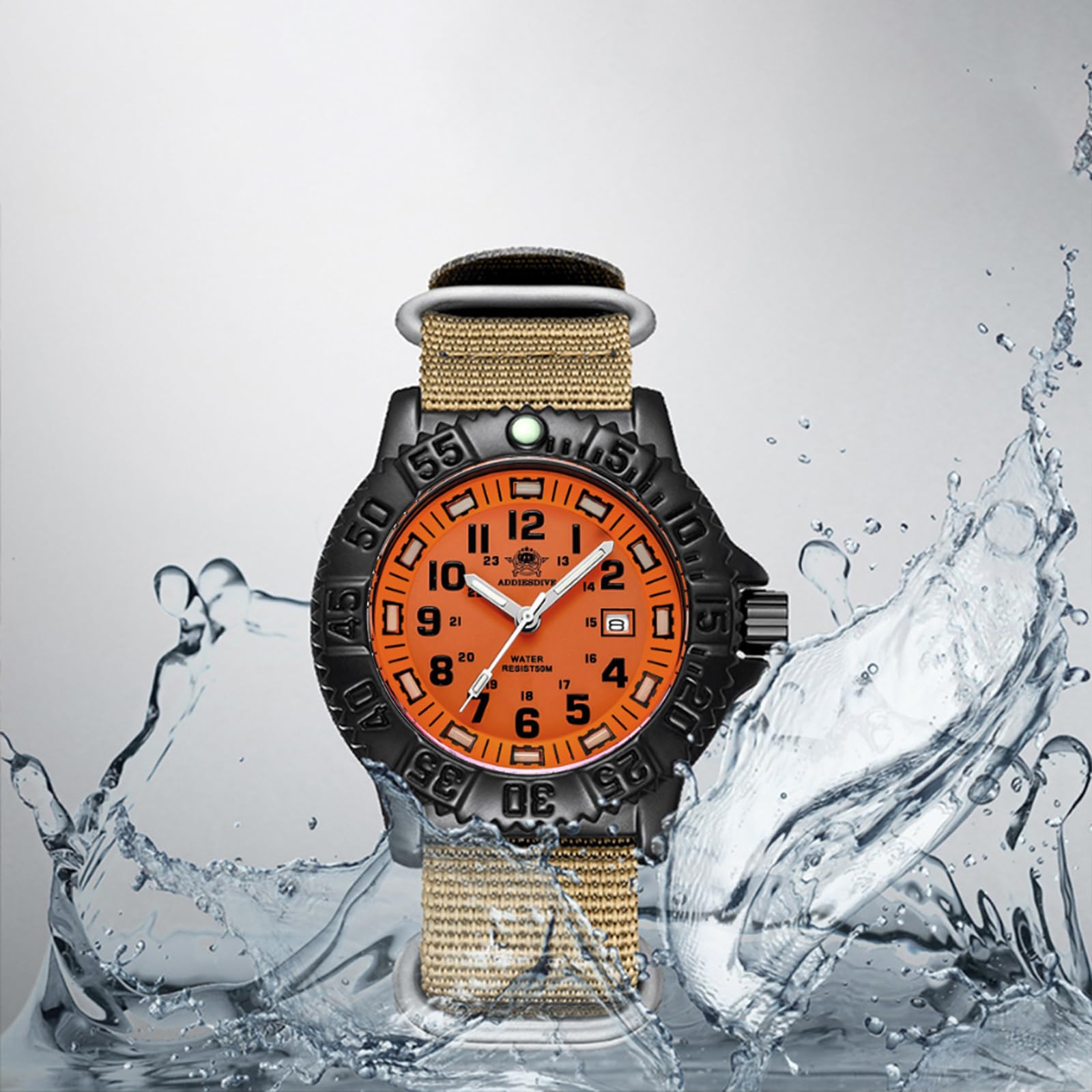 ADDIESDIVE Reloj para hombre con carcasa de aleación mineral, analógico, de cuarzo, bisel giratorio, luminoso, militar, con pulsera de acero inoxidable, correa de nailon verde oliva/caqui