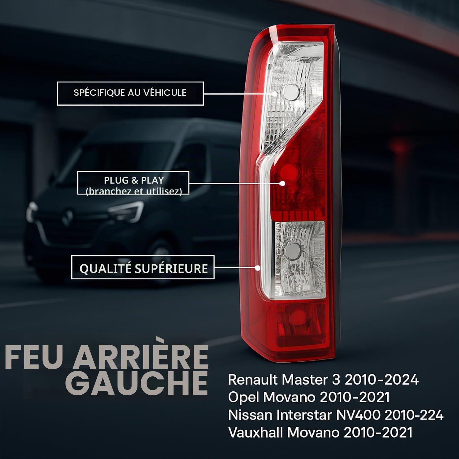 Feu Arrière Phare Arrière Gauche Compatible avec Renault Master 3 2010-2024 Opel Movano 2010-2021 Nissan Interstar NV400 2010-2024 Vauxhall Movano 2010-2021 E-Marque 265550023R