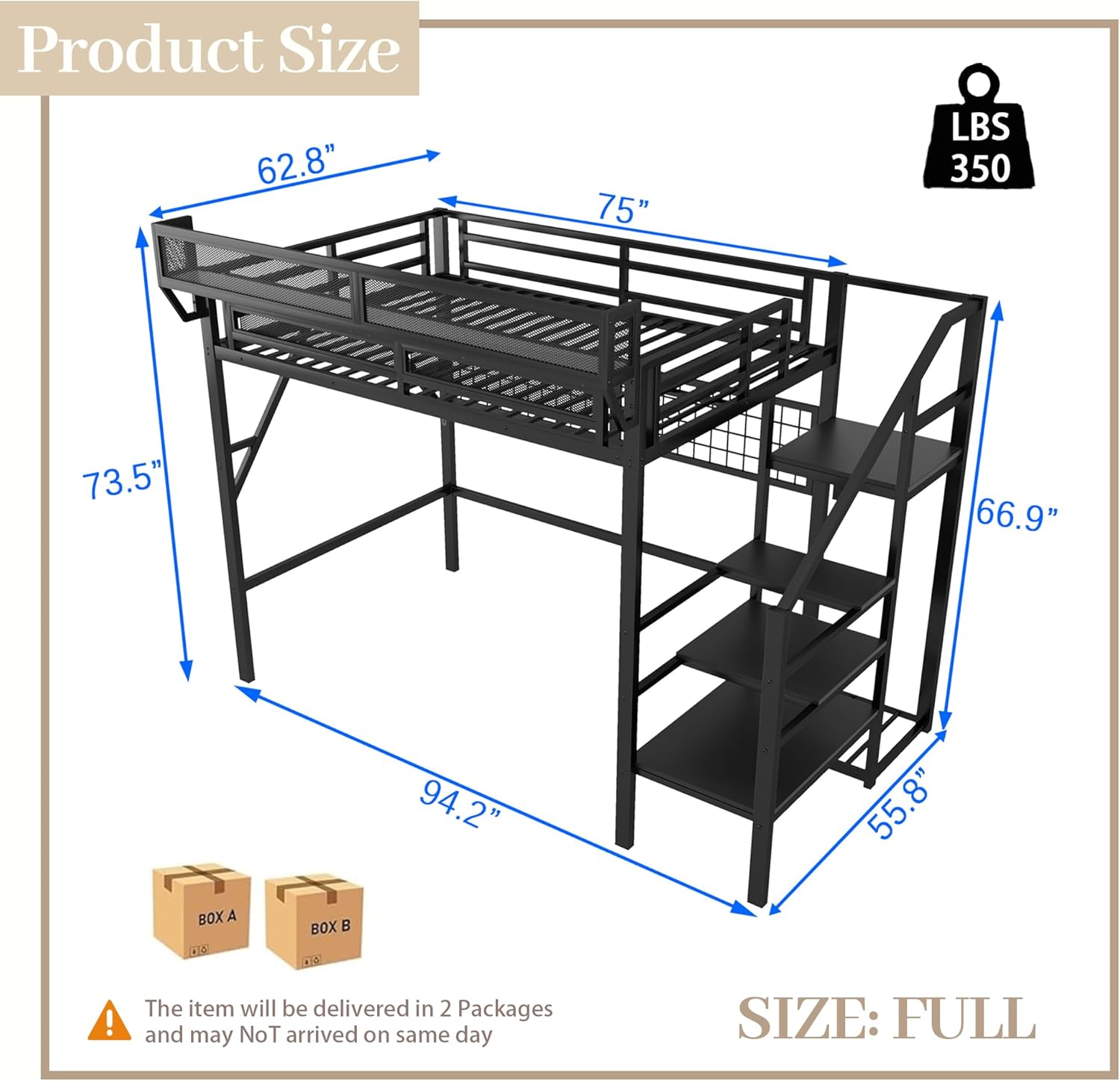 Full Size Loft Bed with Stairs and Storage Shelves, Metal High Loft Bed Full with LED Lights, Wardrobe & Storage Pegboard, Large Under-Bed Space, Heavy-Duty Beds Frame for Adults Teens Kids, Black