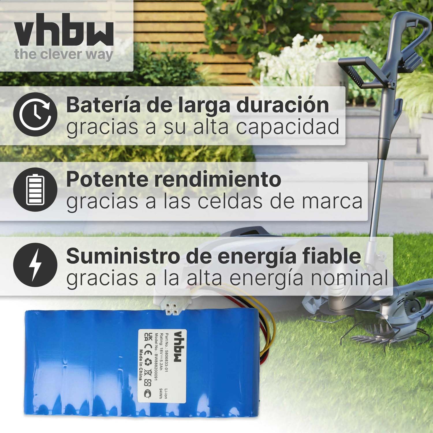 vhbw Batería (Pack) Compatible con Husqvarna Automower 550 (hasta 2019/2020), 520 (hasta 2019/2020) Robot cortacésped 5200mAh 18V Li-Ion