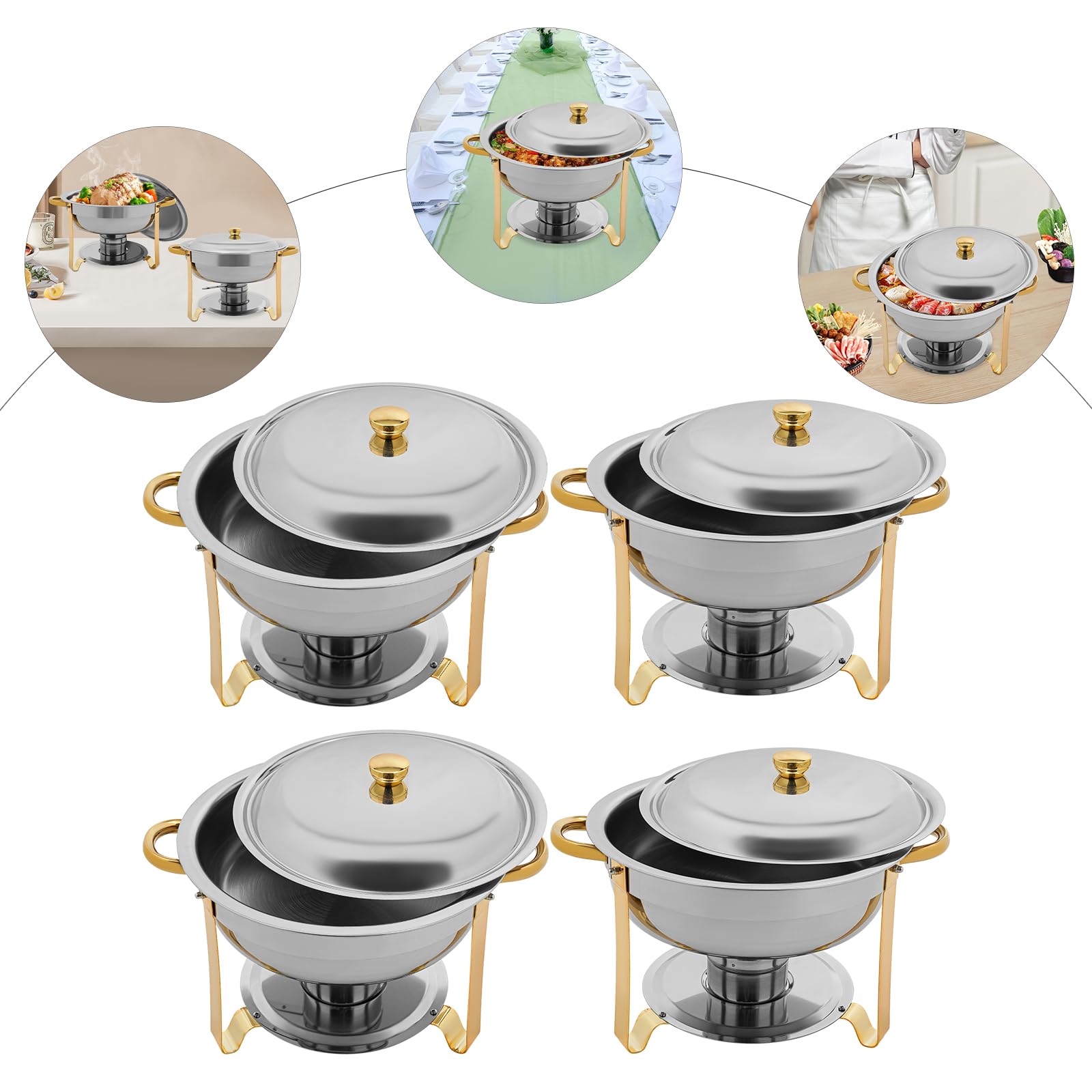 Chafing Dish Buffet, set di 4 scaldavivande da 4,5 l, in acciaio inox, per alimenti, rotondi, per catering, argento e oro, con coperchio, serbatoio dell'acqua e porta combustibile