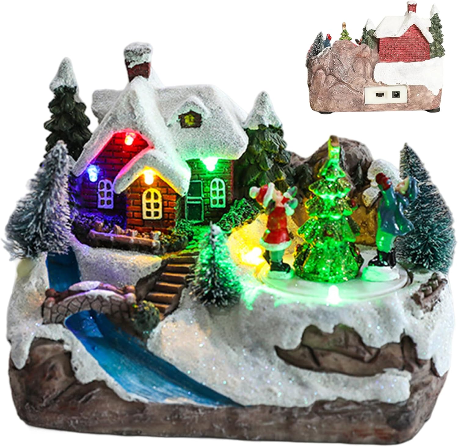 Musical Christmas Village House, Resin Electric Christmas Village Figurines with Spinning Xmas Tree & LED Light for Home Party, USB/Battery(No Battery)