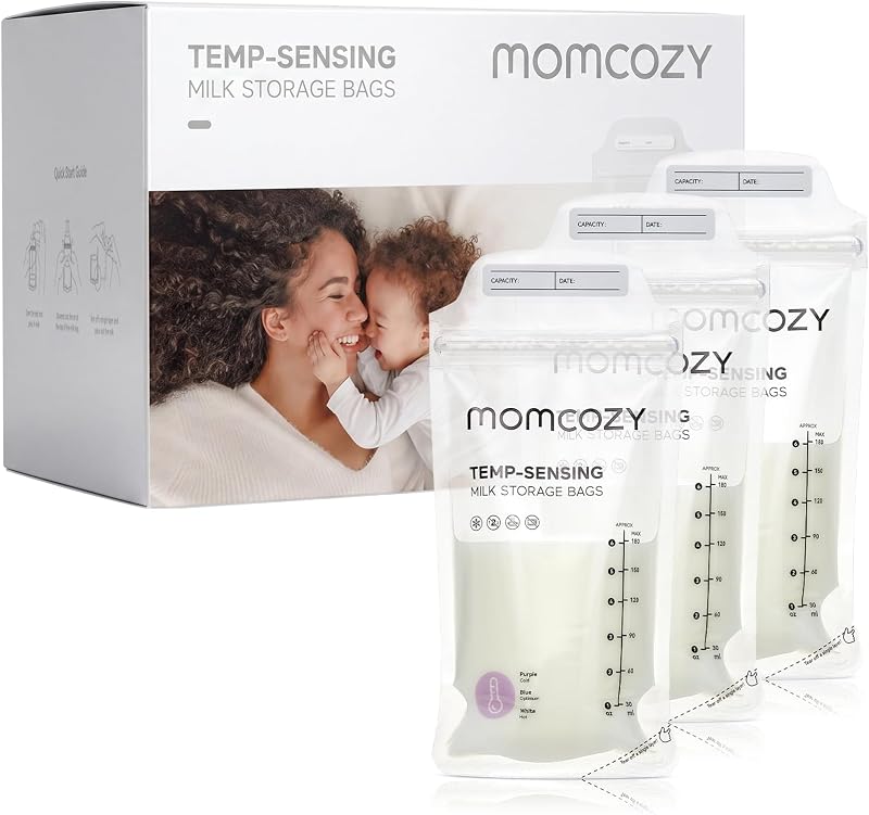 Momcozy Bolsas de almacenamiento de leche materna, paquete económico de 200 unidades, bolsas de almacenamiento de leche con decoloración con detección de temperatura para lactancia materna, preesterilizadas, sellado higiénicamente doble, para congelar, 6 onzas