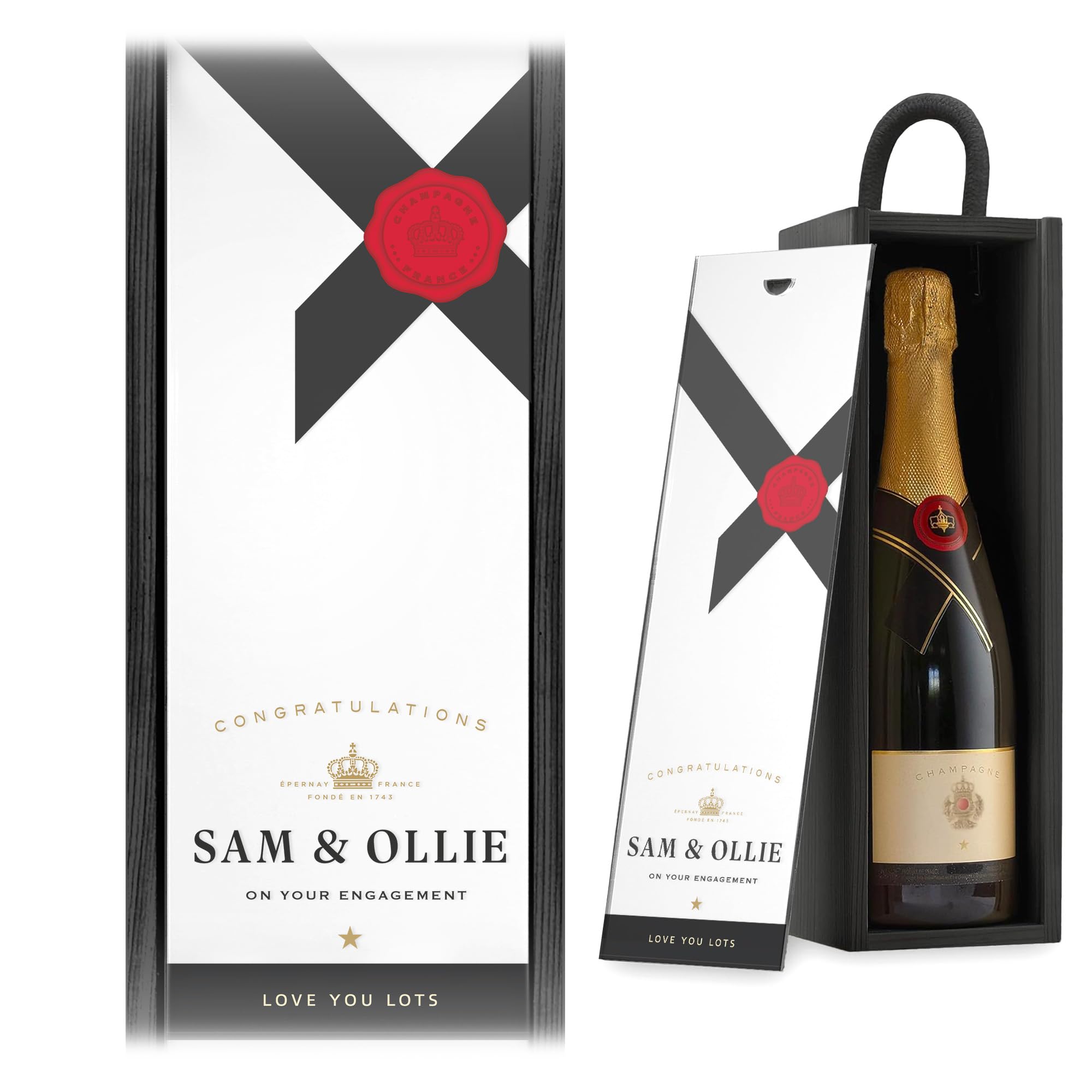 A1 Graphics Ltd Black Box/White Lid Personalised Champagne Wine Gift Box Merry Christmas Custom Printed Birthday Christmas Valentines Anniversary Engagement Gift ()