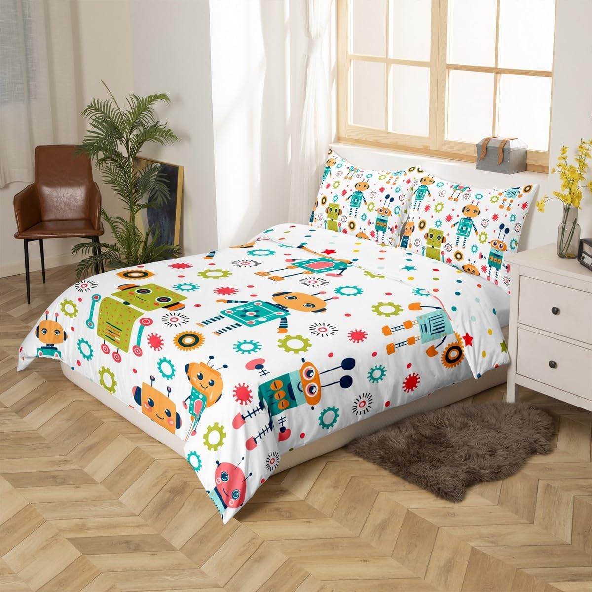 Cute Robot Duvet Cover Set Toddler Size,Cartoon Modern Colorful Reversible Quilt Cover for Kids Boys Girls Geometric Square Gear Print Bedding Set with 1 Pillowcase,No Comforter