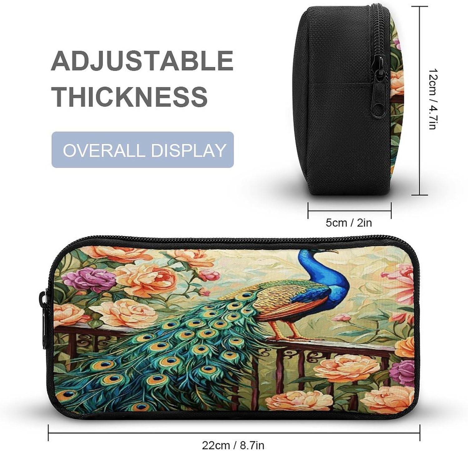 Peacock Flowers Large Pencil Case Pouch Big Capacity for Office image 2