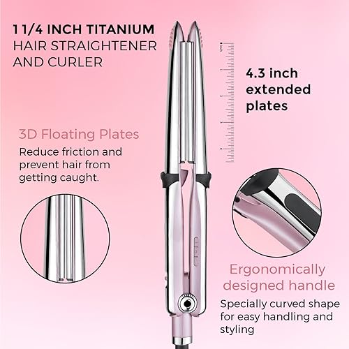 Miniatura 4 de Plancha plana profesional de titanio con placas flotantes de 1 14 pulgadas, alisador de pelo y rizador 2 en 1 con 10 temperaturas ajustables de