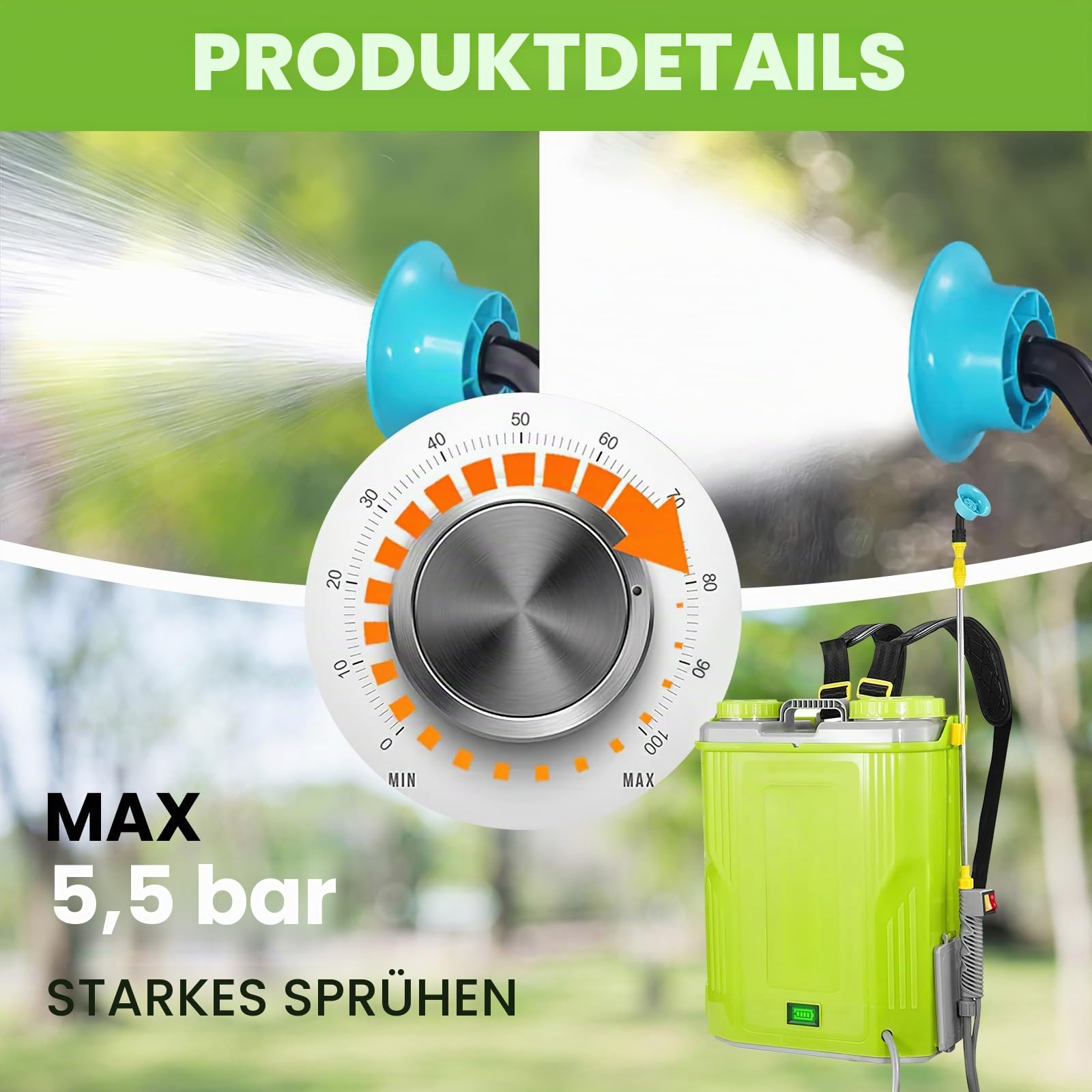 Elektrischer Drucksprüher, 20 l, 5,5 bar, 21 V, Batterien, 5 Düsen, Drucksprüher, einstellbare Sprühkraft, Teleskoplanze für die Behandlung von Kulturen, Pflanzen (2 Batterien)