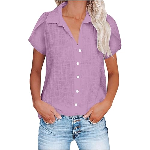 LRMQS Short Sleeve Shirts for Women Casual Summer 2025 Collared Gauze Button Down Cotton Linen Tops Loose Fit Blouse Clothing