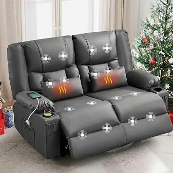 HRVEOCEI Grey Leather Loveseat Recliner with Massage/Heat, Oversized Recliner Couch & Reclining Loveseat with Cup Holders/Pillow, Manual Reclining Sofa for Living Room/Rv/Home Theater Seating Grey