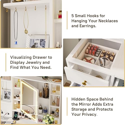 Miniatura 4 de VIAGDO Escritorio de Tocador con Espejo y Luces, Tocador de Maquillaje con Cajones y Estación de Carga, Mesa de Tocador con Estantes, Gabinete,