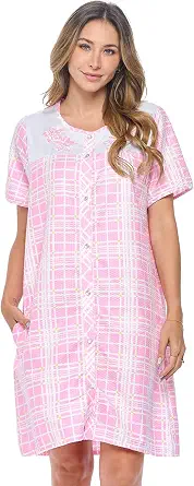 Casual Nights Women's Snap - Front House Dress Short Sleeve Woven Housecoat Duster Lounger Robe with Pockets