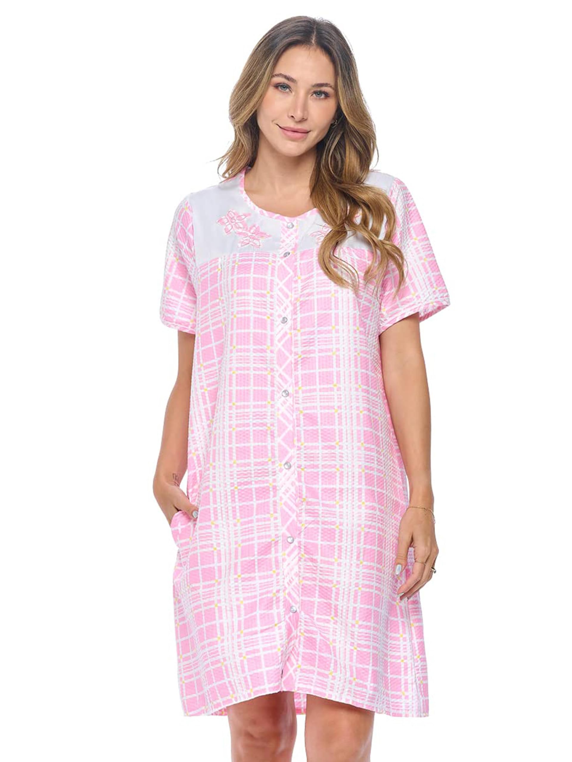 Casual Nights Women's Snap - Front House Dress Short Sleeve Woven Housecoat Duster Lounger Robe with Pockets
