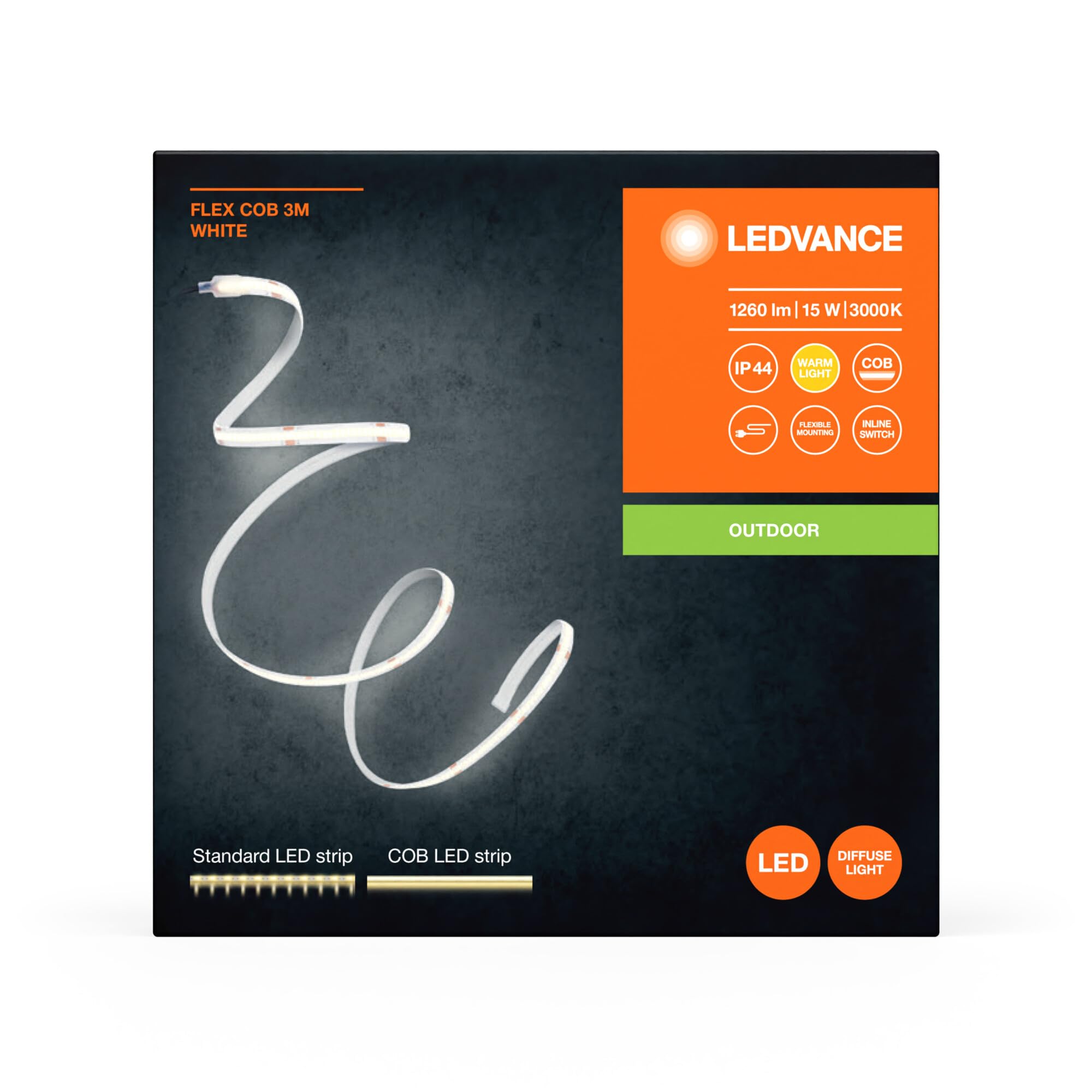 LEDVANCE CoB Flex CoB Outdoor 3M Strip a LED, bianco, 13W, 1900lm, luce bianca calda, tecnologia pannocchie, luce omogenea, lunga durata, montaggio semplice, protezione Kieasse IP44, 3000K
