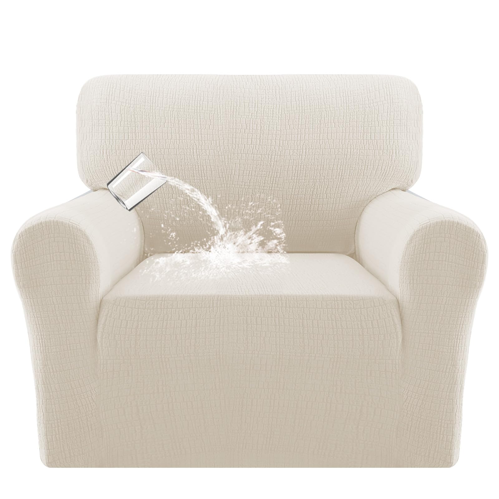 BellaHills Waterproof Armchair Covers 1 Piece Stretch Chair Slipcover for Living Room Non Slip Furniture Protector Jacquard Sofa Cover 1 Seater Chair Covers (1 Seater, Ivory)