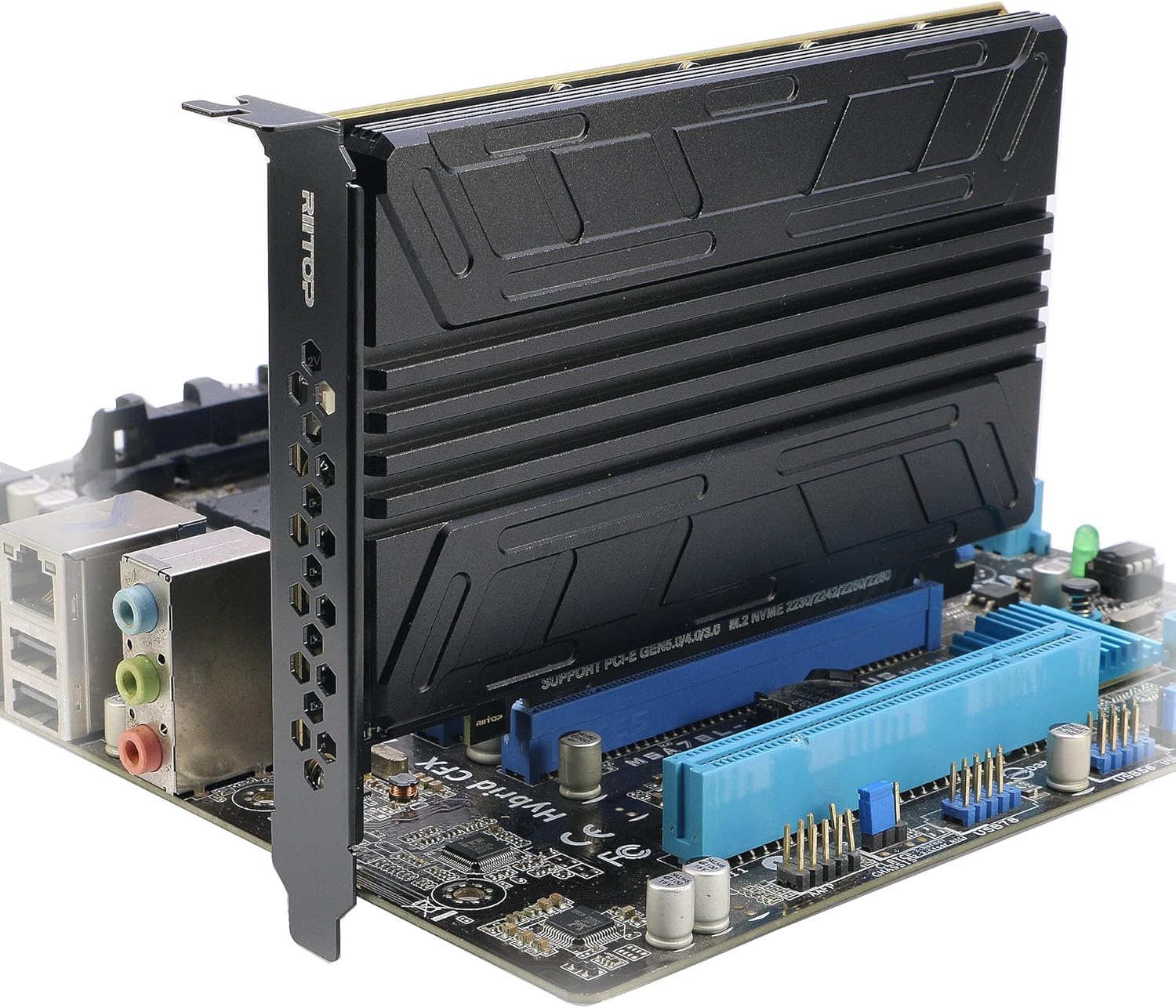 Adaptador Quad NVMe PCIe 5.0 con disipador de calor, RIITOP PCIe 5.0 x16 a 4 tarjetas NVMe para SSD 2280/2260/2242/2230 M.2 M.2 (llave M), requiere verificación PCIe