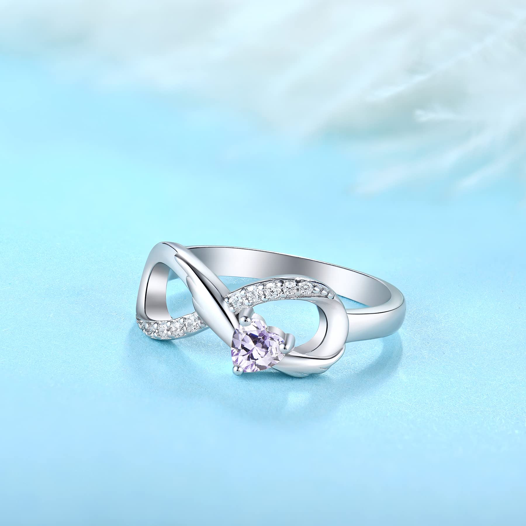 starchenie Anillo Infinito Anillo de Compromiso con Piedra Natal de Corazón de Plata de ley 925 para Mujer