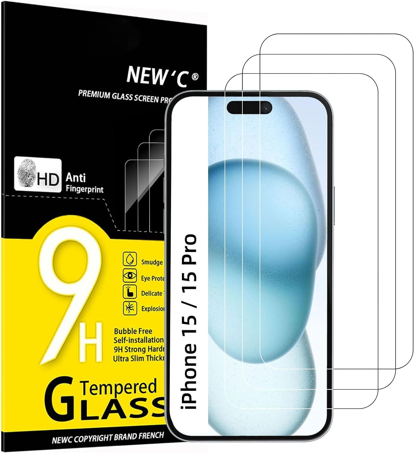 NEW'C Pack of 3 Tempered Glass Screen Protector for iPhone 15 Pro (6.1 Inches), Scratch Free, 9H Hardness, HD Screen Protector, 0.33 mm Ultra Clear, Ultra Resistant