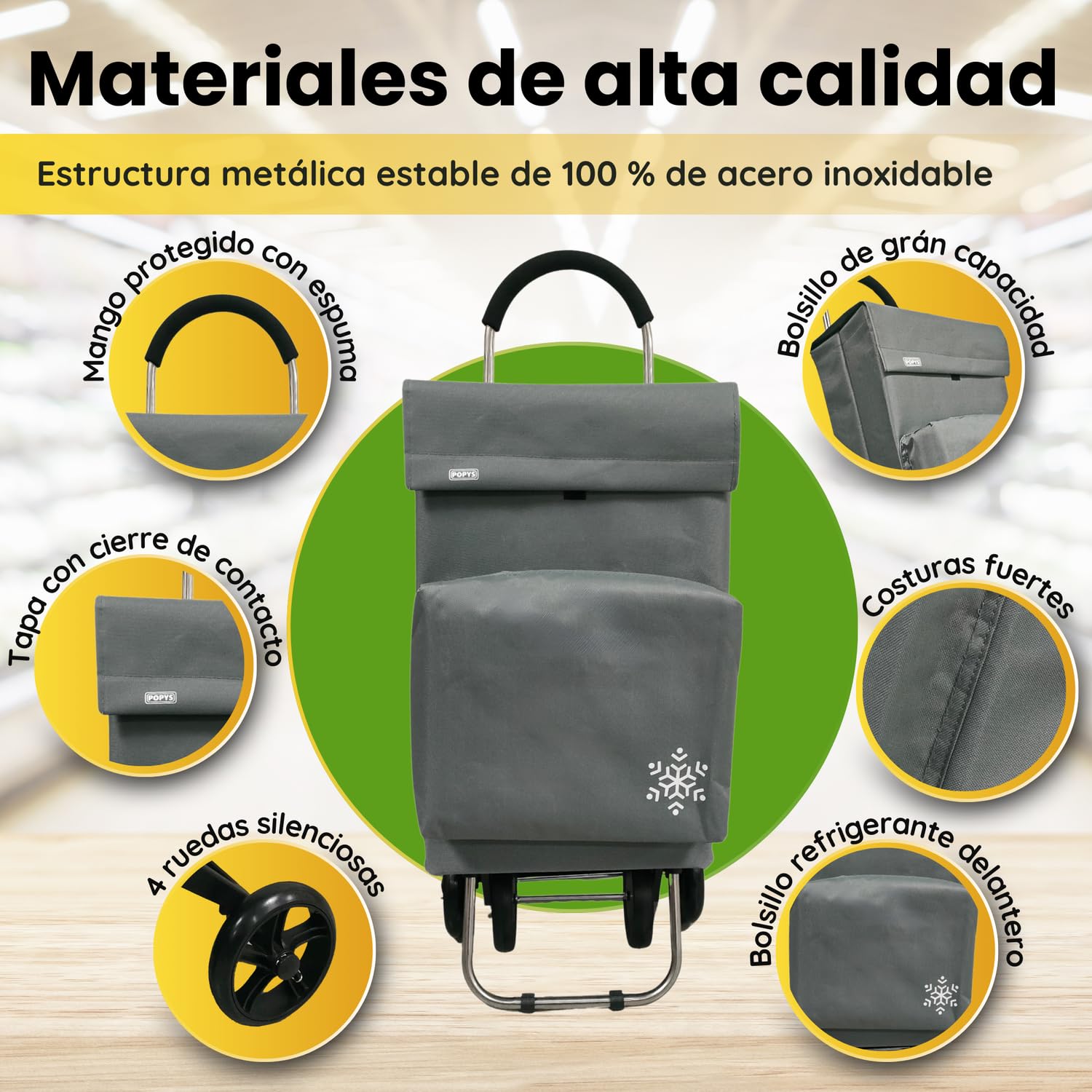 Carro de la Compra de 50L + Gancho Multiusos de Regalo con Compartimento Refrigerante | Carrito Compra de 4 y 2 Ruedas Ideal para Supermercado (Requiere Montaje) (Gris.) — view 5
