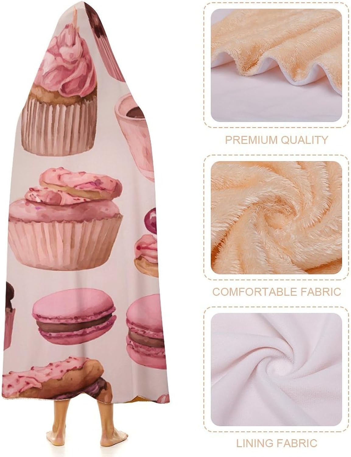 Cupcakes Macaron Cappuccino Wearable Blanket Hoodie | Flannel Fuzzy Machine Washable Home Camping Lounging