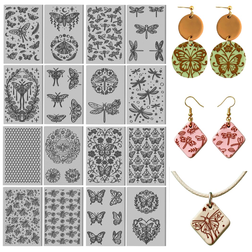 16 Sheets 16 Styles Insects Polymer Clay Texture Mat Butterflies Clay Modeling Pattern Pad Dragonflies Bees Texture Sheets for Making Earrings Jewerly Tools, 4×2.6 inch