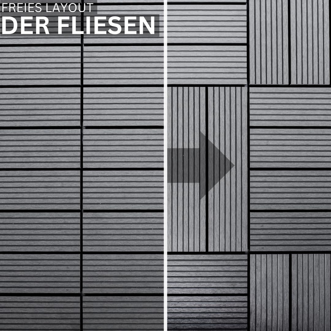 Mega Holz WPC Terrassenfliesen 2m², 30x30 cm Fliesen wetterfest, Bodenbelag für Balkon, Wintergarten und Terrassen Fliesen, Bodenfliesen mit Klicksystem, Farbton Grau, Größe: 2m² - 22 Fliesen