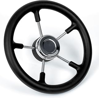 13" Stainless Steel Boat Steering Wheel, Pontoon Boat Steering Wheel with Anti-Slip PU Foam Cover and 5-Spoke Design