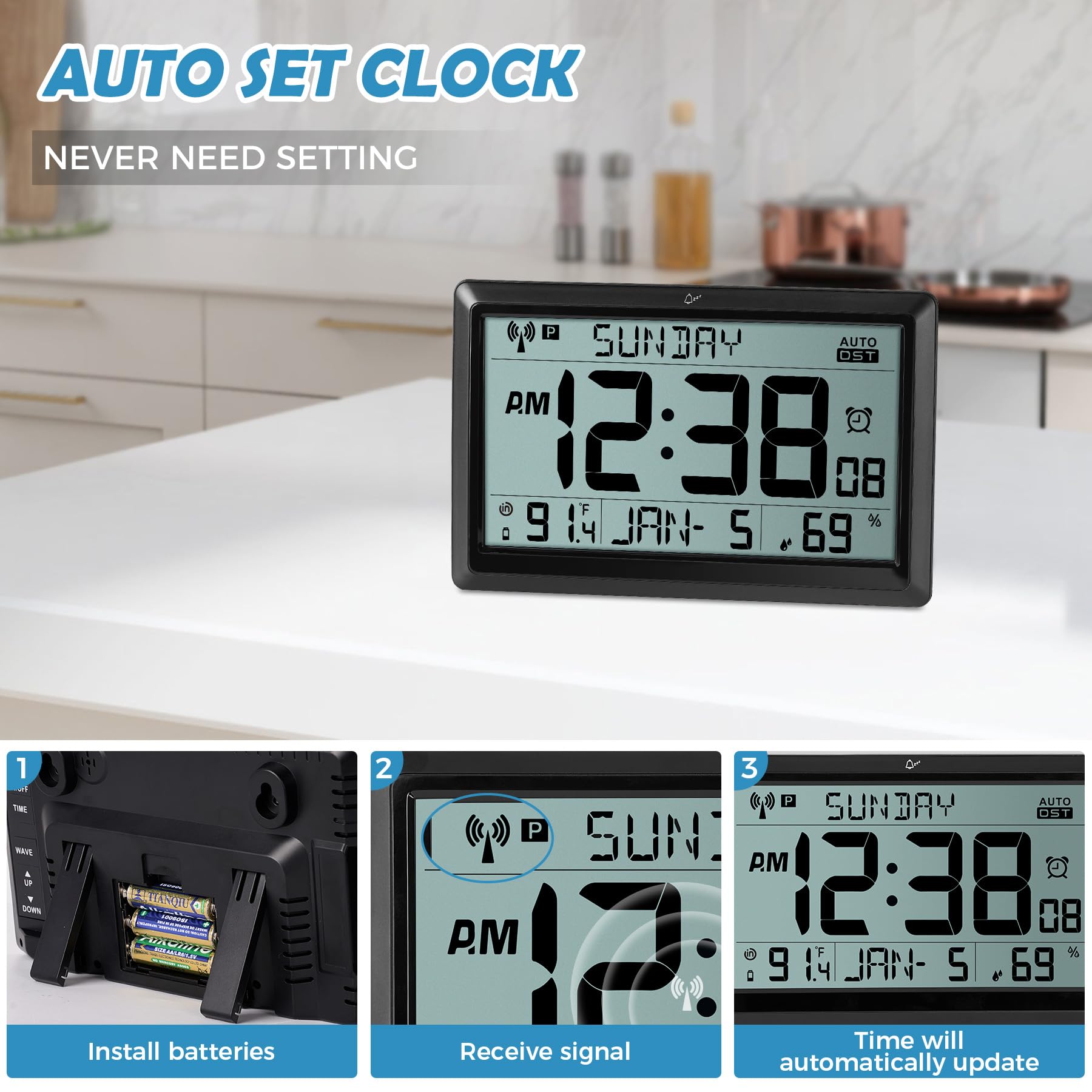 Horloge murale numérique Horloges de bureau à piles avec température et date Gra Horloge murale numérique Horloges de bureau à piles avec température et date Gra
