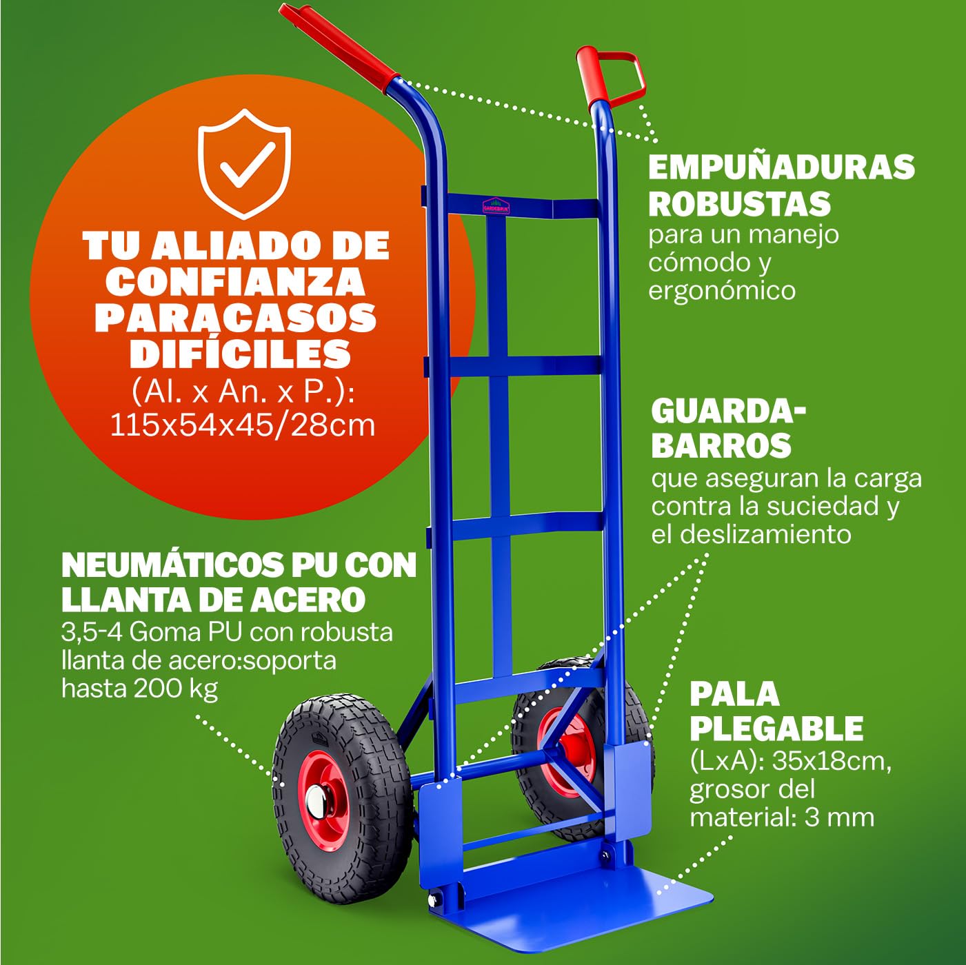 GARDEBRUK® Carretilla de Mano Plegable Carga hasta 200Kg 2 Ruedas Resistentes PU Carro Mudanza Acero Asas Ergonómicas Carrito de Transporte Portátil Azul