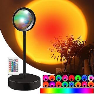 Fourchoytree Sunset Lamp, Sunset Light Projection Lamp RGB Rainbow 16 Colors Changing, with Remote Control 360° Rotation, USB Charging Night Light for Photography, Party, Bedroom, Living Room Decor
