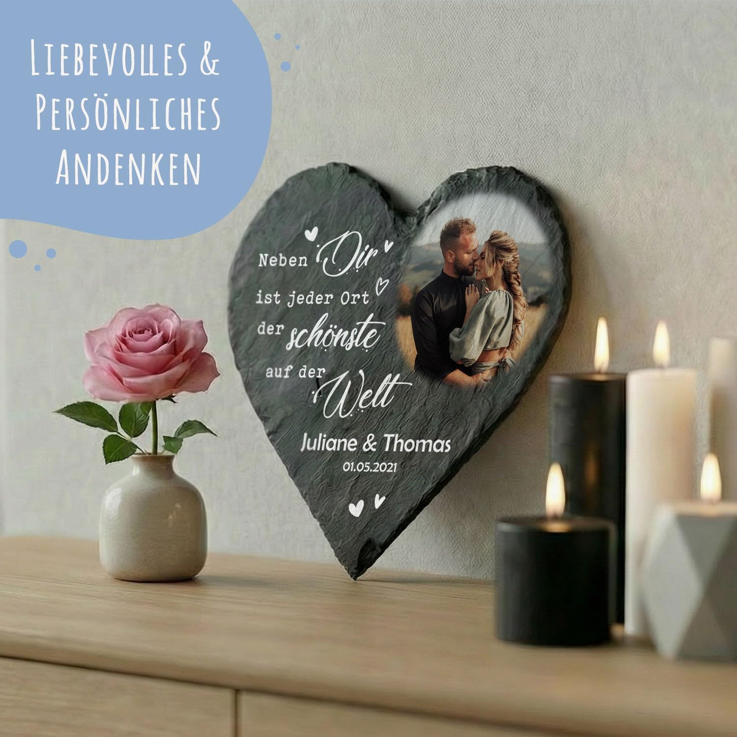 GRAVURZEILE Bedrucktes Schieferherz - Paarfoto - Personalisiert mit Name, Foto & Datum - Individuell bedruckt - 20 x 20 cm - Geschenk für Paare zum Valentinstag, Jahrestag oder Hochzeit