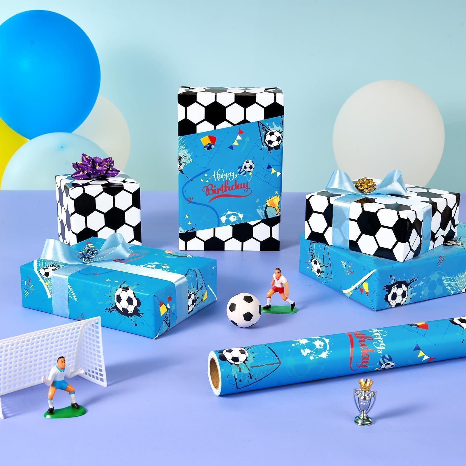 WERNNSAI Papel de regalo de fútbol – 1 rollo de papel de regalo de fútbol para cumpleaños de niños, joven, fiesta de cumpleaños de fútbol, decoración azul, papel de regalo deportivo con línea de corte