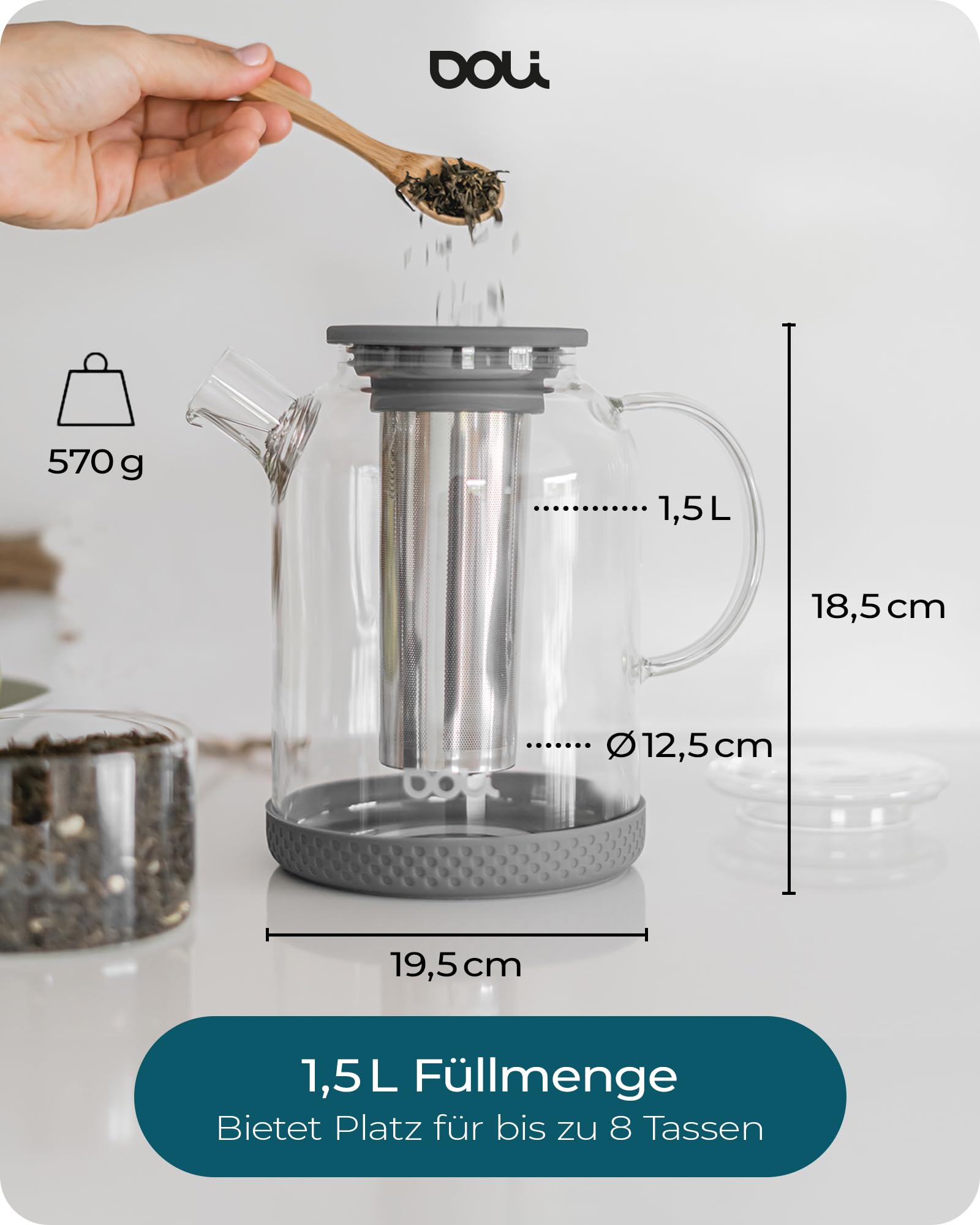 Doli 1,5L Teekanne Glas mit Siebeinsatz Grey - Langes Edelstahl Sieb für pures Aroma - für heiße & kalte Getränke - Spülmaschinenfest - BPA-frei