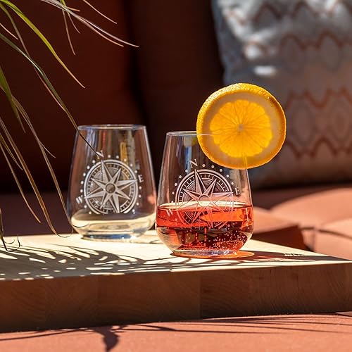Miniatura 4 de Compass Star - Juego de 4 vasos de vino sin tallo, 15.75 onzas, cristalería con temática náutica, elegante vaso para amantes del vino, 251332-S4
