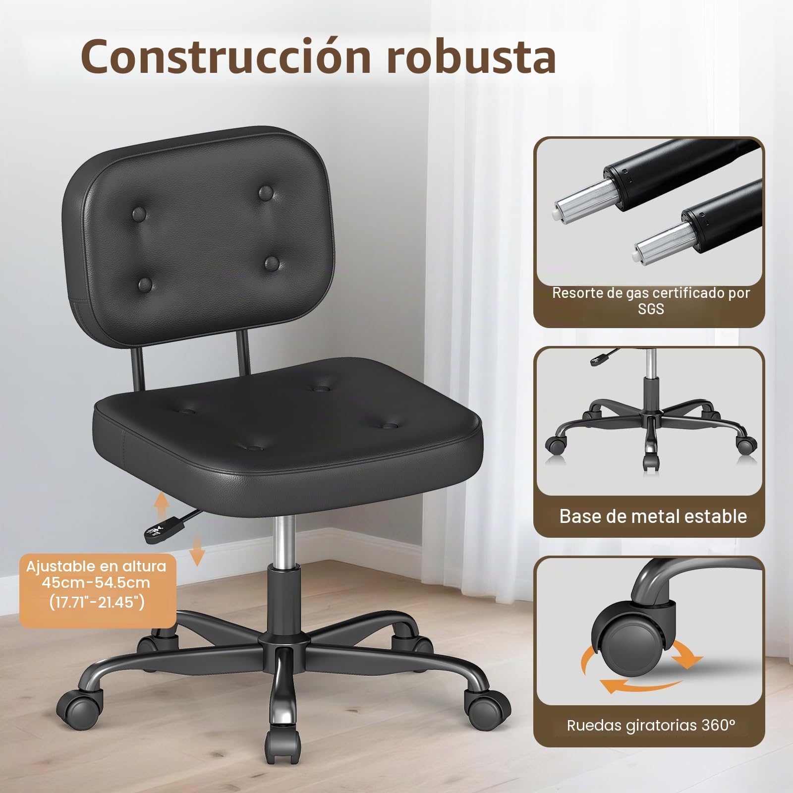 AnyGod Silla De Escritorio Sin Brazos para Oficina En Casa, Asiento Giratorio Compacto con Altura Ajustable y Ruedas, Silla Ergonómica De Respaldo Bajo En Cuero PU Negro