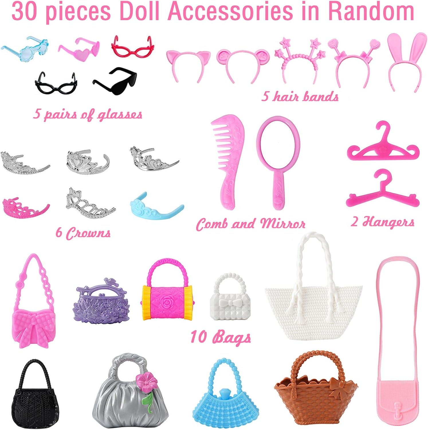 80 Pcs Doll Accessories Including 50 Pair of Doll Shoes High Heels, Boots, Sneakers 5 Headband 5 Glasses 10 Bag 6 Crown 2 Hangers Comb Mirrow for 11.5 inch Girl Dolls Birthday Present for Girls