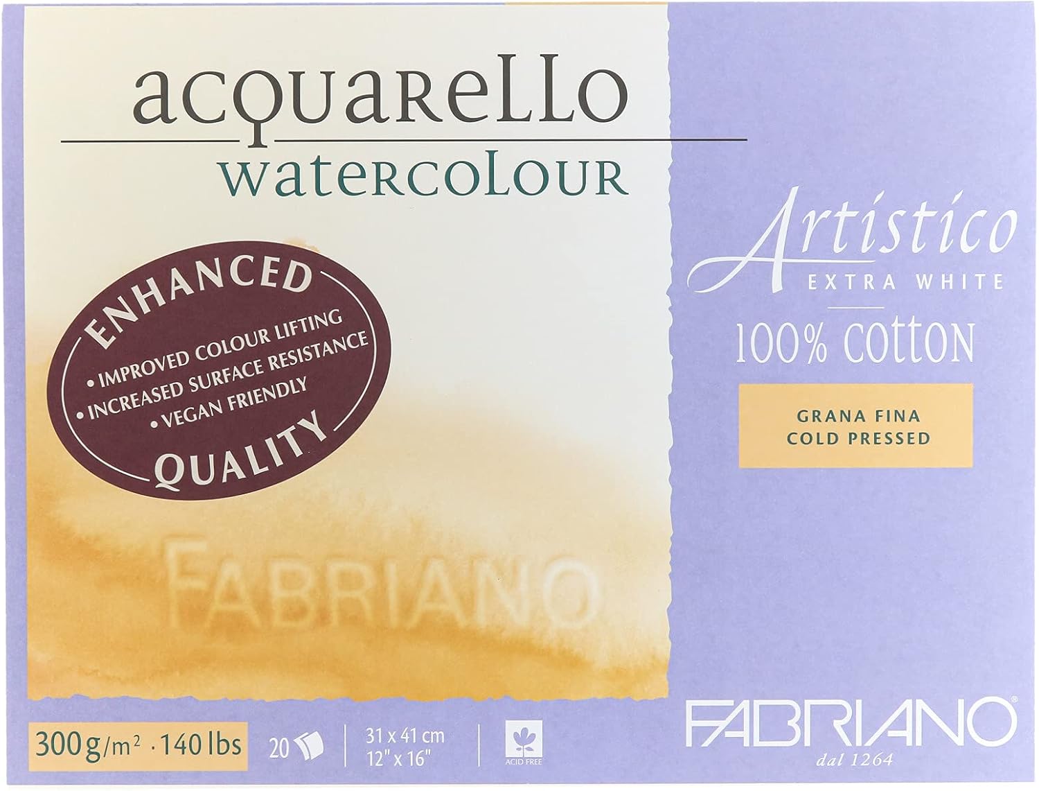 Fabriano Artistico Extra White Watercolor Block, 140 lb./300 GSM, Cold Press, 20 Sheets, 12" x 16"