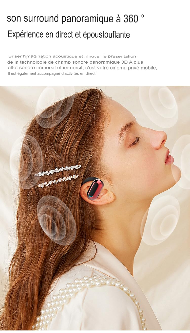 Clip Oreillette Bluetooth 5.2 sans Fil - 75 mAh, 15H Écoute, Recharge USB-C, Clip Oreille Ouvert, Confortable, Idéale Télétravail & Sport. (Noir)