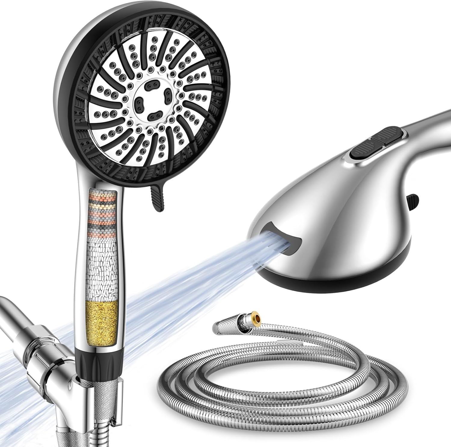 Filtered Shower Head with Handheld, High Pressure 8 Mode Showerhead with Filters, Water Softener Anti-clog Nozzles, Built-in Power Wash, Stainless Steel Hose, Wall & Overhead Brackets product image