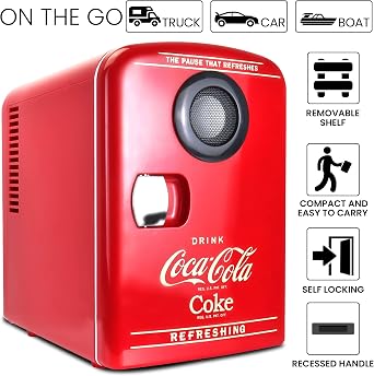Coca-Cola Mini Fridges for Bedrooms 4L Quiet Small 6 Can Table Top Fridge Portable Retro Cooler Warmer with Built-In Bluetooth Wireless Speaker For Drinks Food Coke Kids Skincare Office Home Desk Red [Energy Class A]