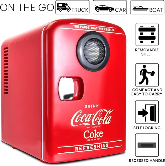 Coca-Cola Mini Fridges for Bedrooms 4L Quiet Small 6 Can Table Top Fridge Portable Retro Cooler Warmer with Built-In Bluetooth Wireless Speaker For Drinks Food Coke Kids Skincare Office Home Desk Red [Energy Class A]